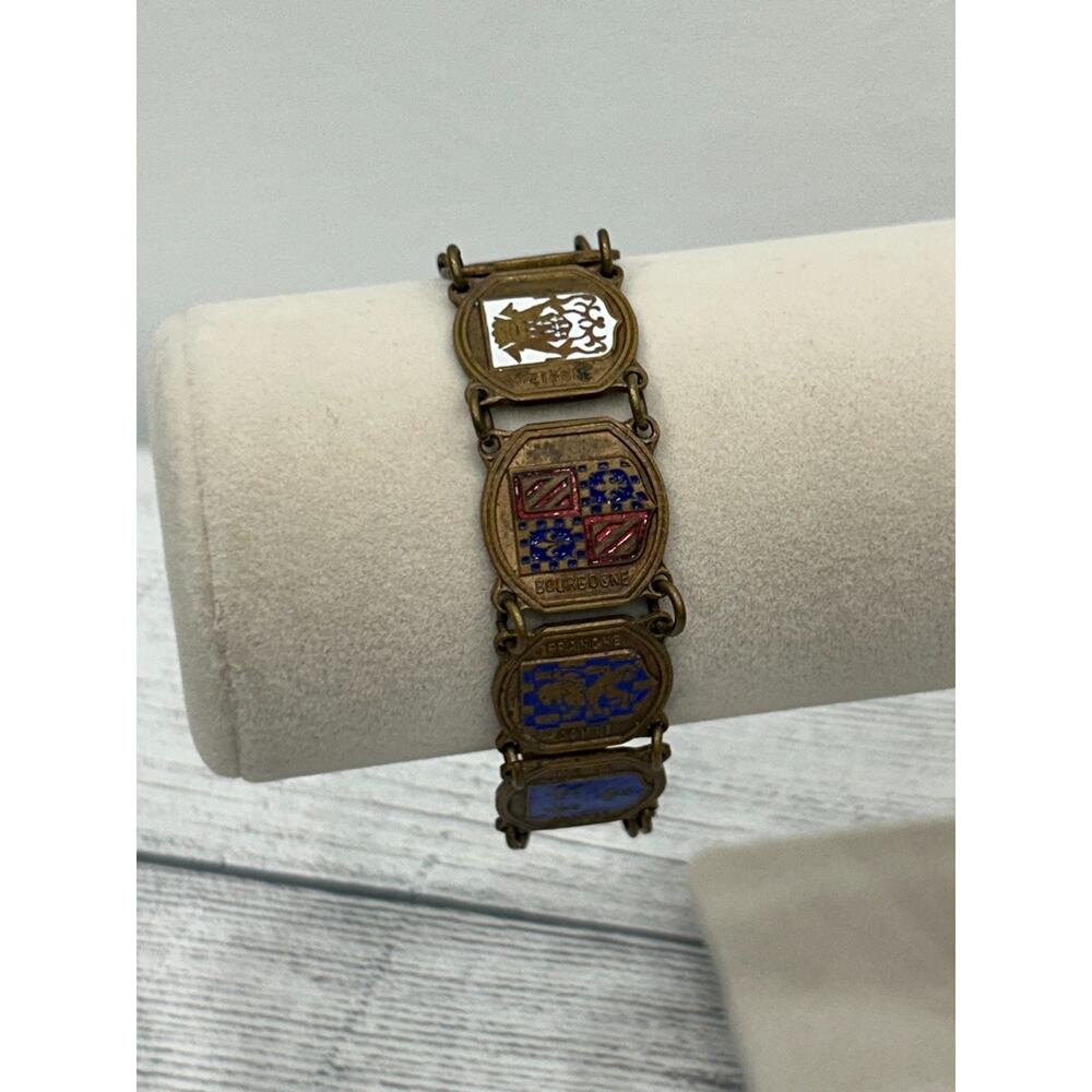 Vintage France Enamel Coatโ of Arms Link Bracelet Souvenir Heraldic Shields